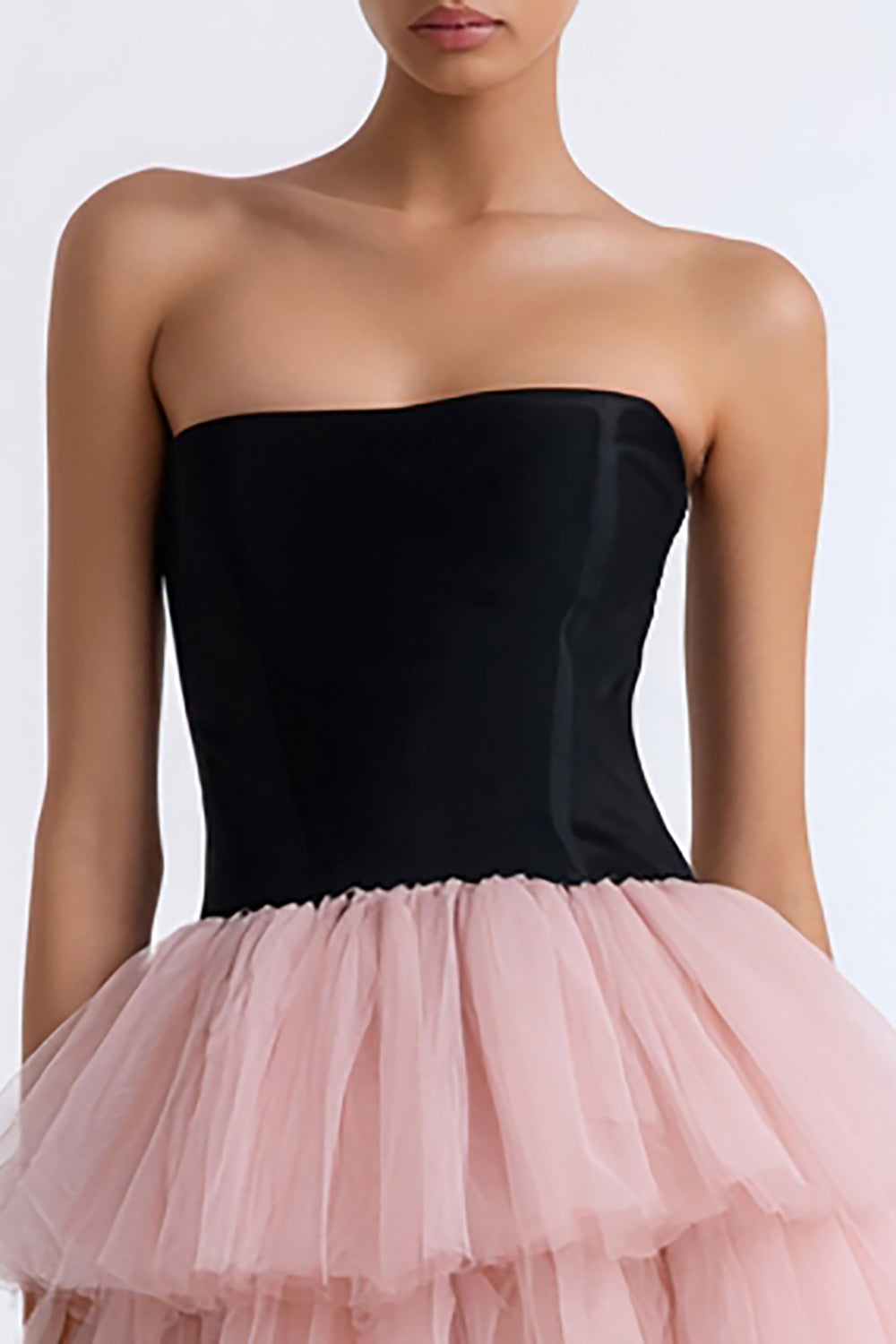 Strapless Tiered Black and Pink A-Line Cocktail Dress