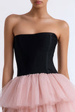 Strapless Tiered Black and Pink A-Line Cocktail Dress
