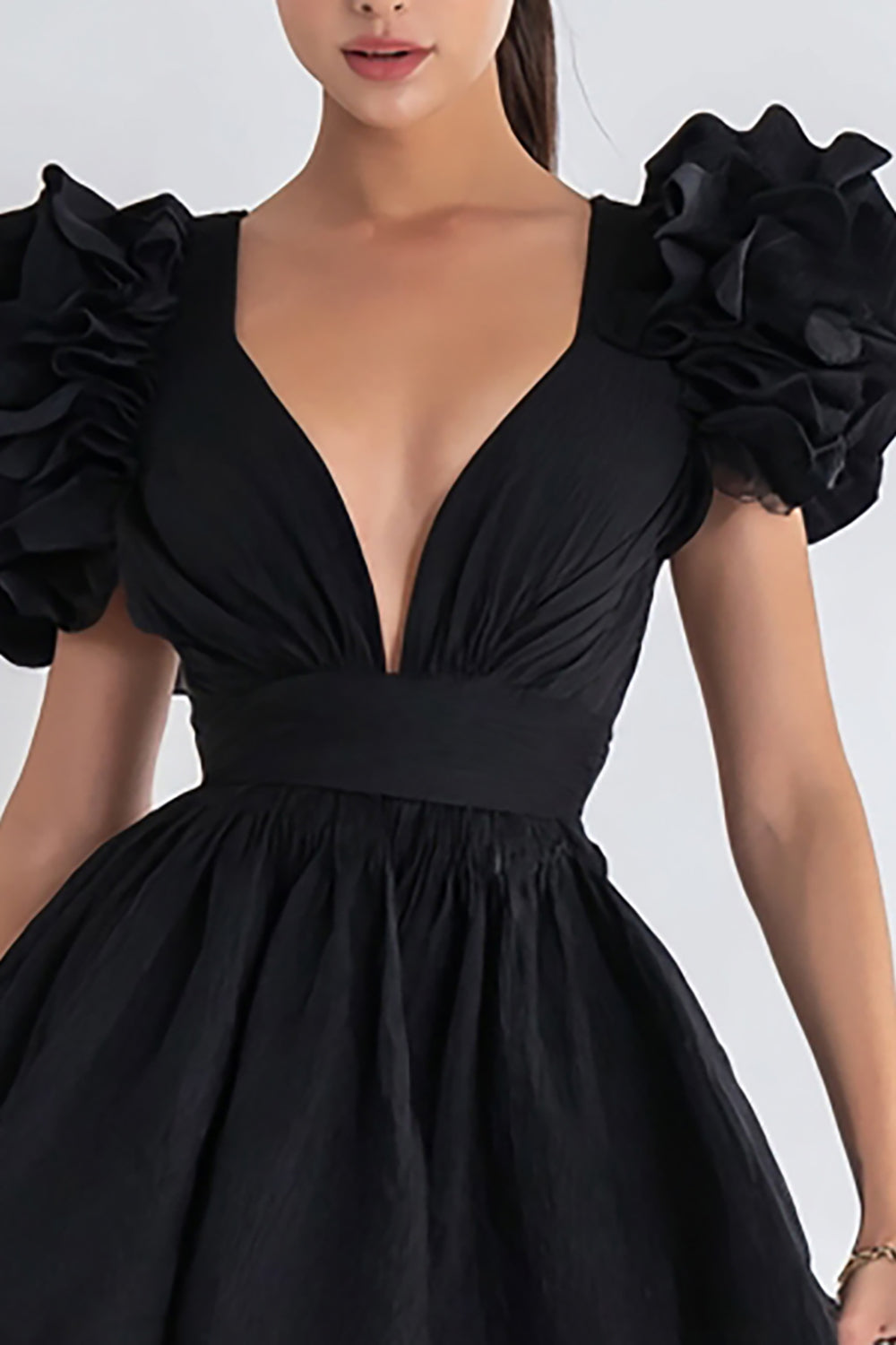 A-Line V-Neck Black Mini Dress with Ruffles