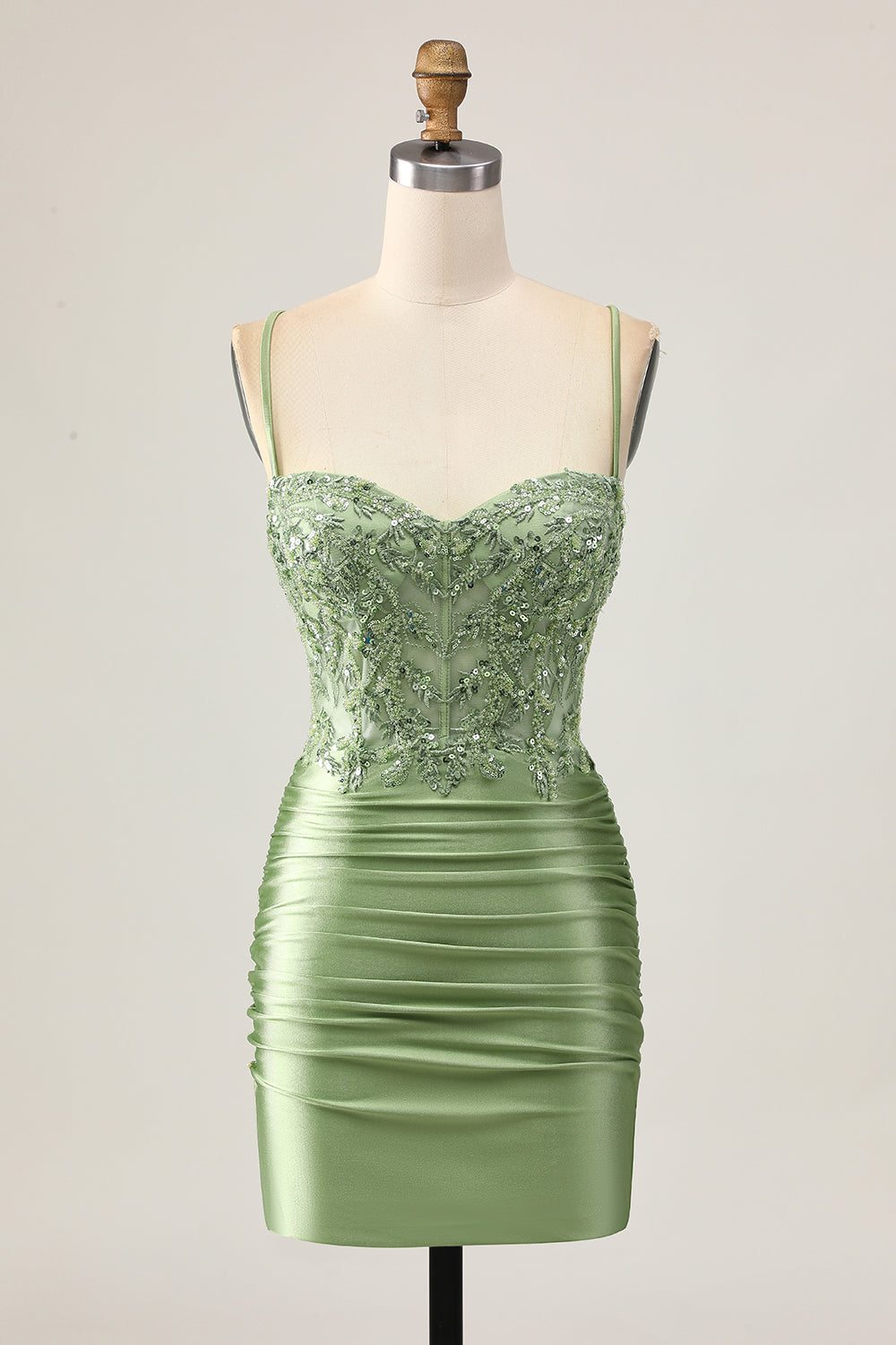 Bodycon Ruched Sage Green Homecoming Dress with Appliques