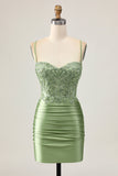 Bodycon Ruched Sage Green Homecoming Dress with Appliques