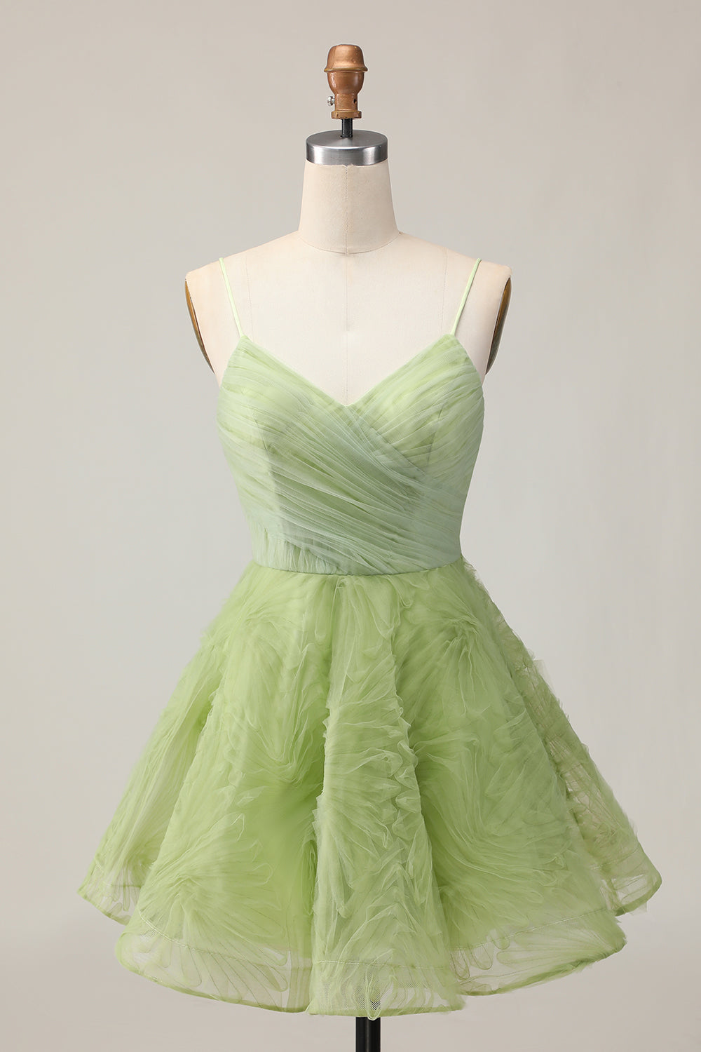 Green Ruched Spaghetti Straps A-Line Homecoming Dress