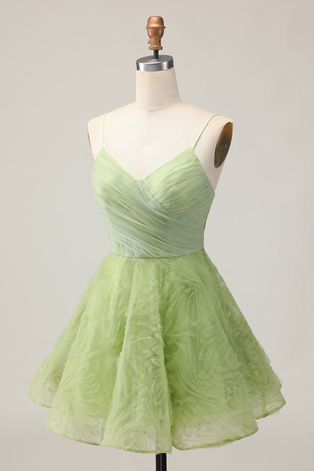 Green Ruched Spaghetti Straps A-Line Homecoming Dress