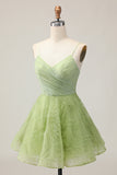 Green Ruched Spaghetti Straps A-Line Homecoming Dress