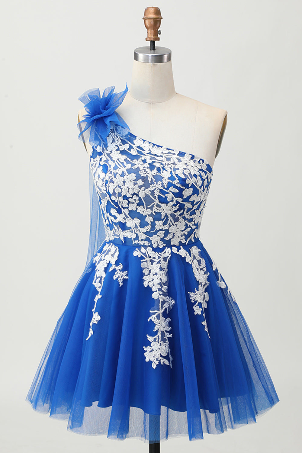 Royal Blue A Line Tulle One Shoulder Homecoming Dress with Lace Up Back