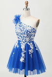 Royal Blue A Line Tulle One Shoulder Homecoming Dress with Lace Up Back