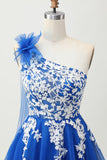 Royal Blue A Line Tulle One Shoulder Homecoming Dress with Lace Up Back