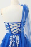 Royal Blue A Line Tulle One Shoulder Homecoming Dress with Lace Up Back