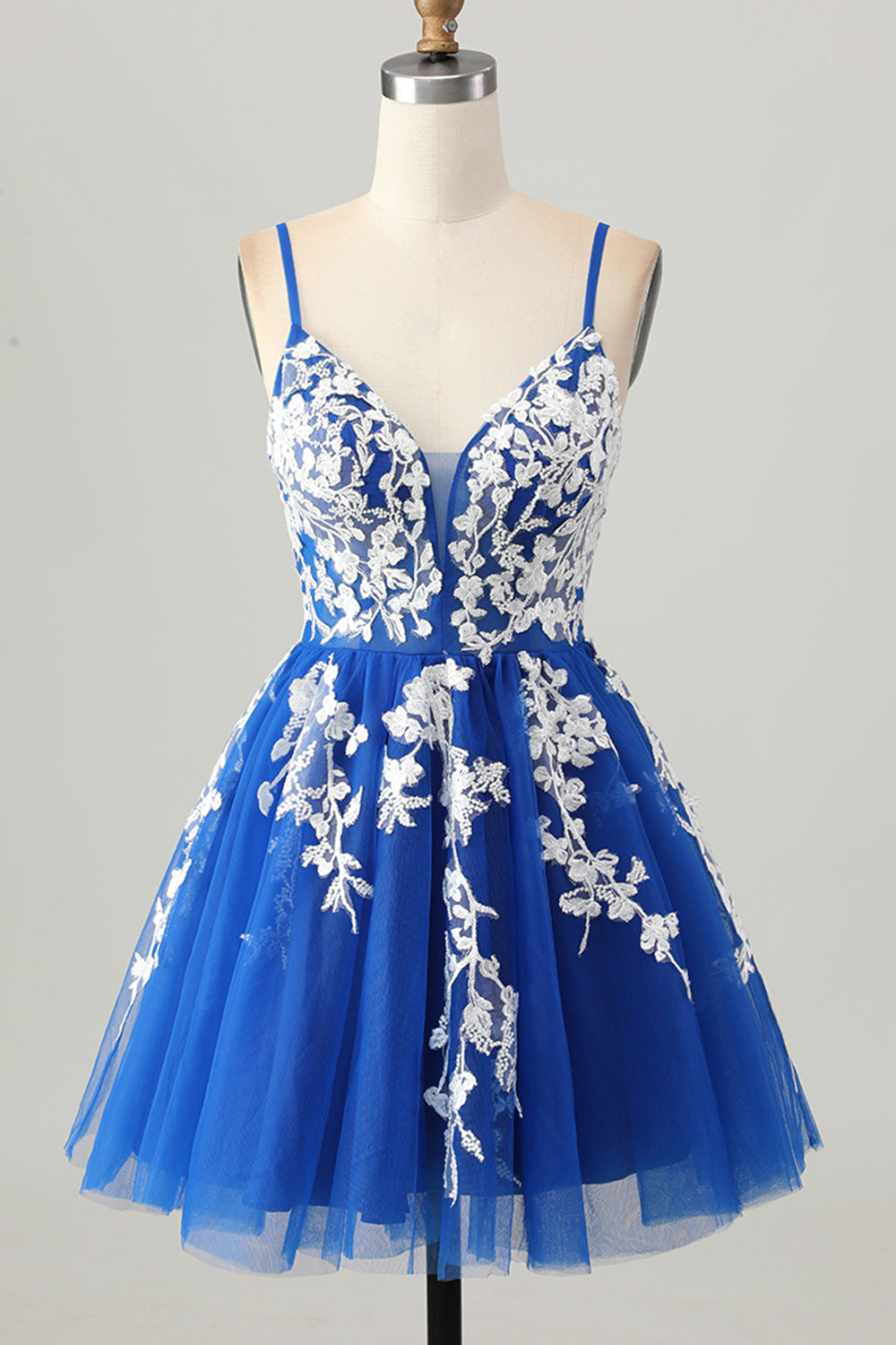Royal Blue Tulle Spaghetti Straps A Line Homecoming Dress with Appliques