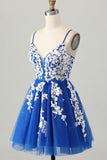 Royal Blue Tulle Spaghetti Straps A Line Homecoming Dress with Appliques