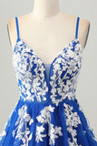 Royal Blue Tulle Spaghetti Straps A Line Homecoming Dress with Appliques