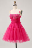 Fuchsia A Line Tulle Corset Homecoming Dress with Beading