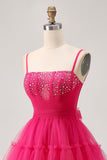 Fuchsia A Line Tulle Corset Homecoming Dress with Beading