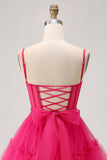 Fuchsia A Line Tulle Corset Homecoming Dress with Beading