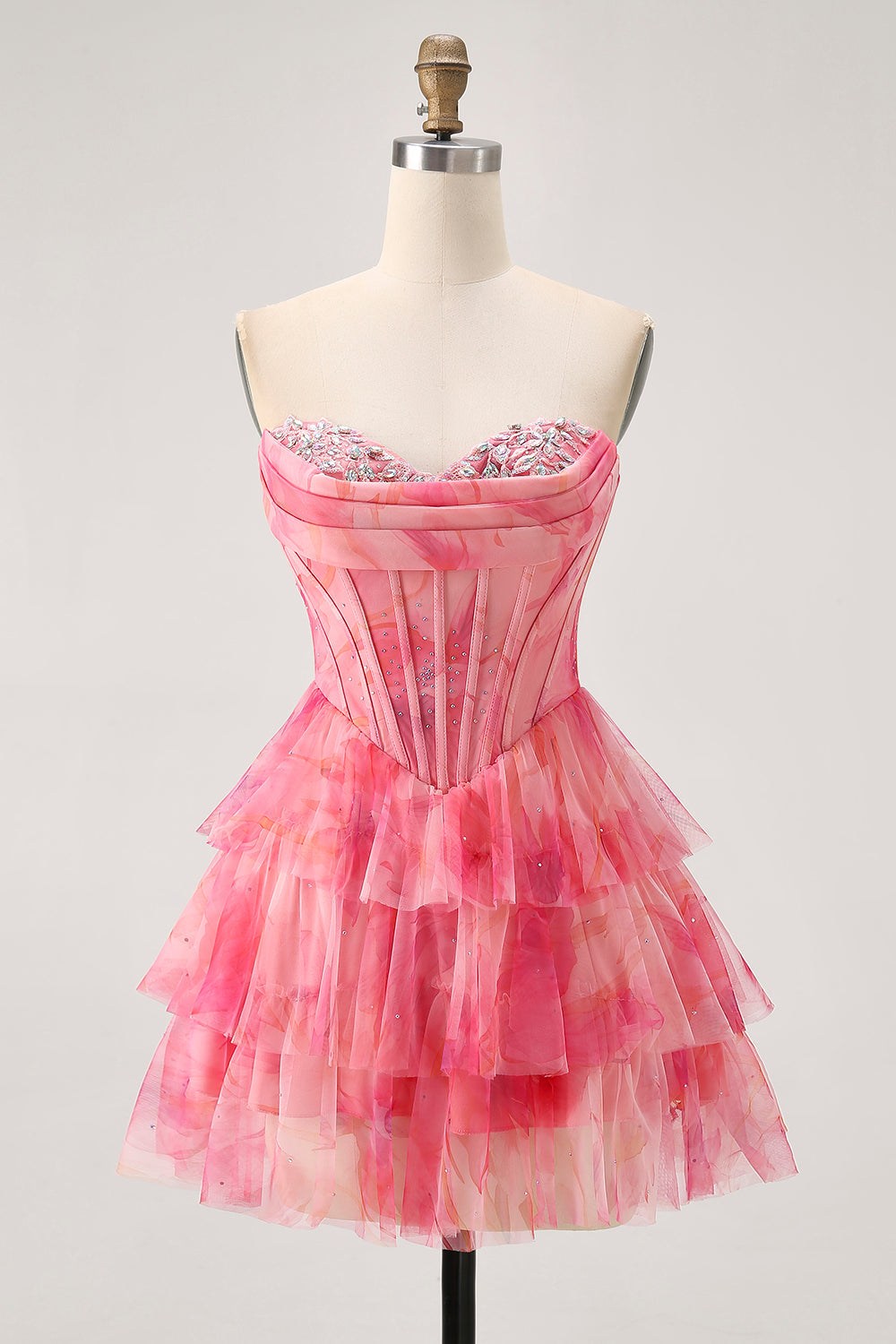 Printed Red Tiered Corset A Line Homecoming Dress