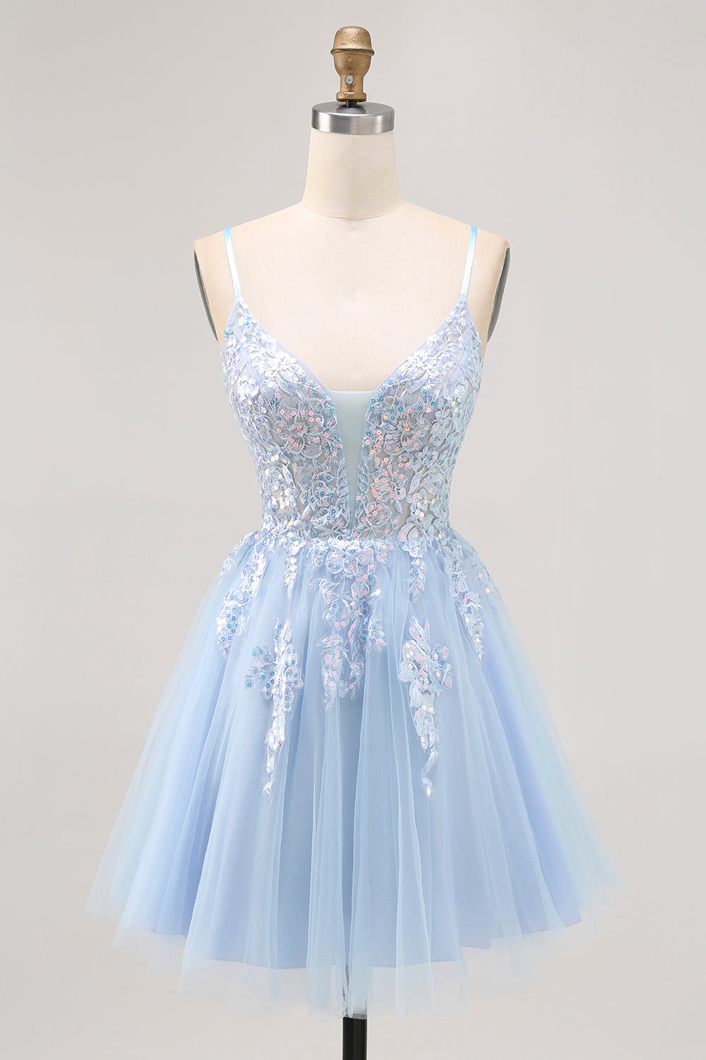 Blue Tulle Sequin A Line Homecoming Dress with Lace Up Back