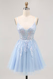 Blue Tulle Sequin A Line Homecoming Dress with Lace Up Back