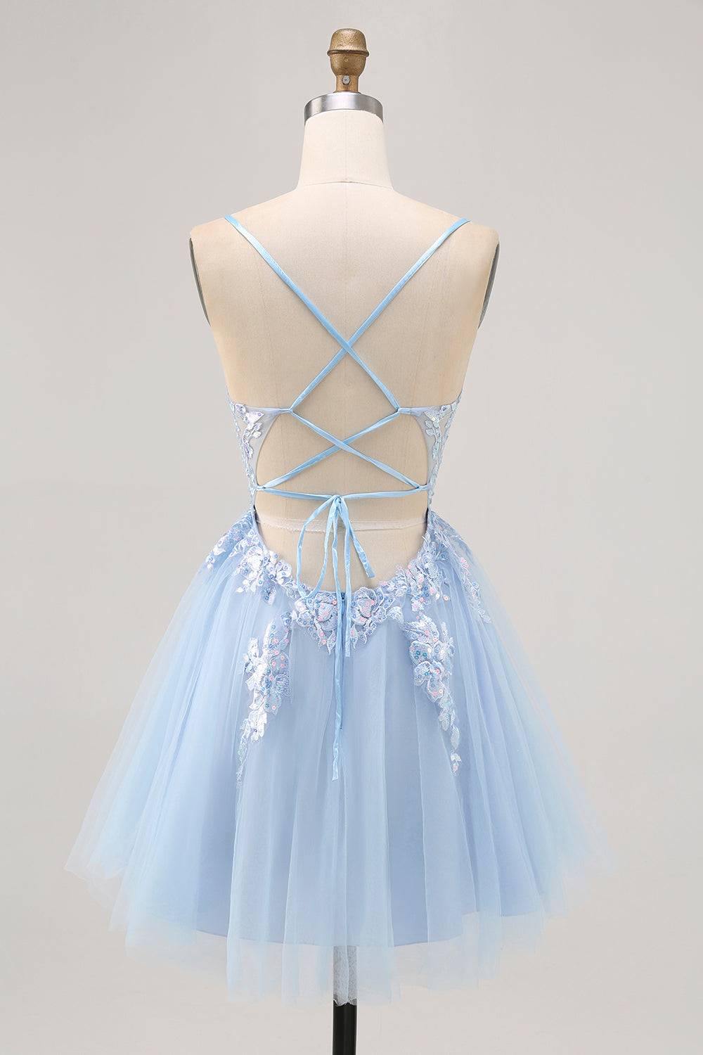 Blue Tulle Sequin A Line Homecoming Dress with Lace Up Back