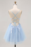 Blue Tulle Sequin A Line Homecoming Dress with Lace Up Back