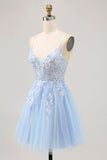 Blue Tulle Sequin A Line Homecoming Dress with Lace Up Back