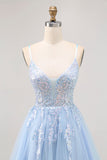 Blue Tulle Sequin A Line Homecoming Dress with Lace Up Back