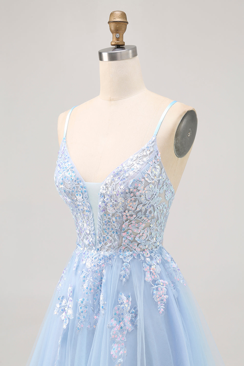 Blue Tulle Sequin A Line Homecoming Dress with Lace Up Back