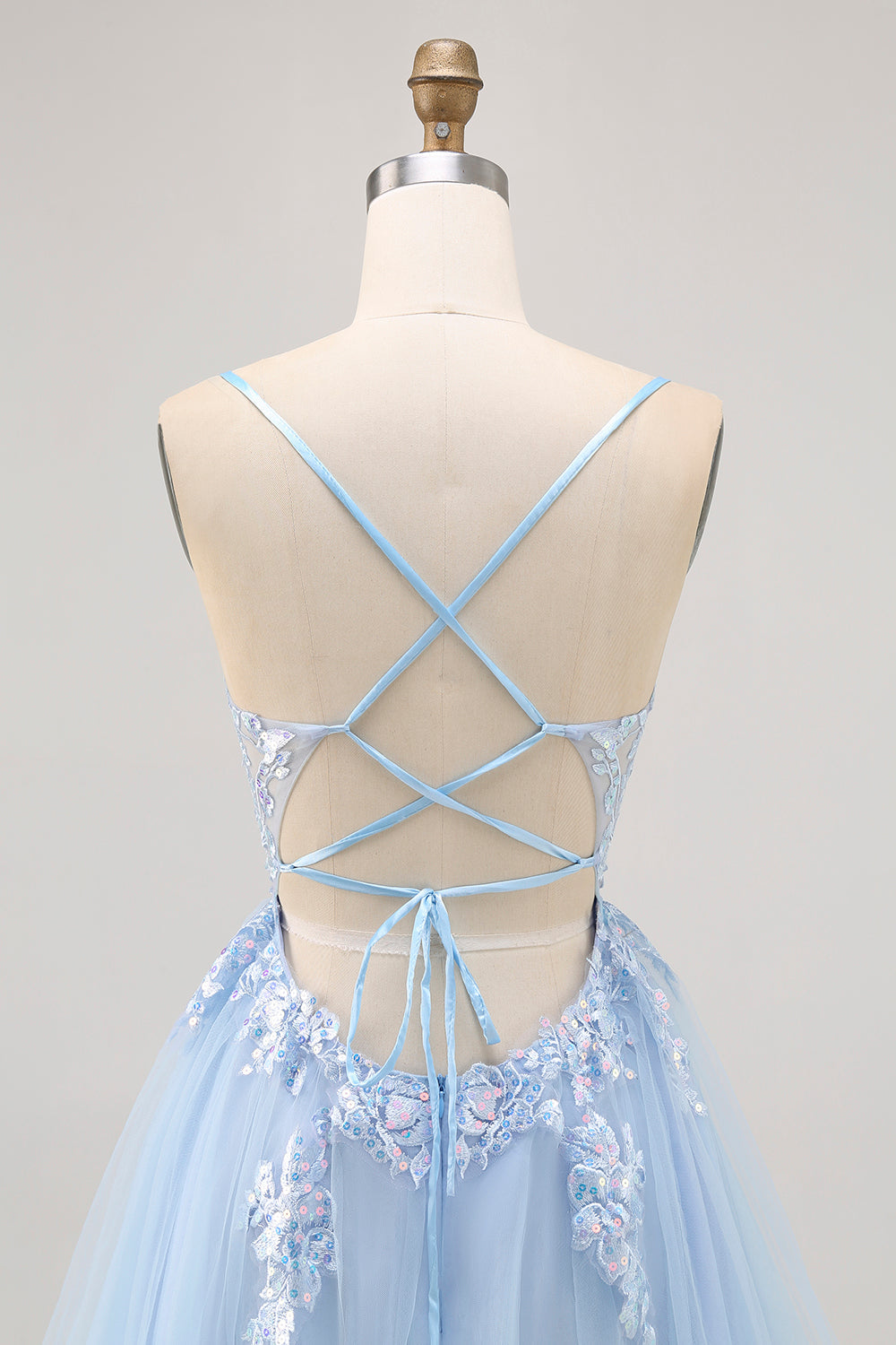 Blue Tulle Sequin A Line Homecoming Dress with Lace Up Back