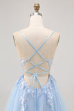 Blue Tulle Sequin A Line Homecoming Dress with Lace Up Back