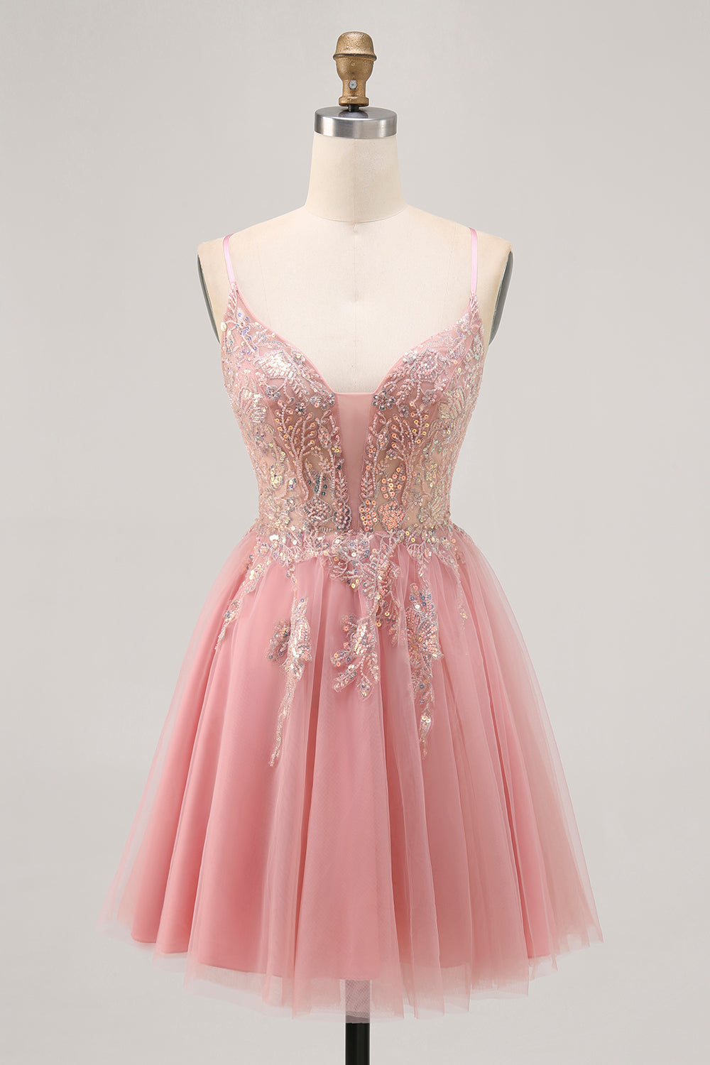 Blush Sequin A Line Tulle Homecoming Dress with Lace Up Back