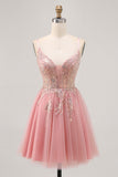 Blush Sequin A Line Tulle Homecoming Dress with Lace Up Back