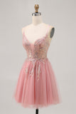 Blush Sequin A Line Tulle Homecoming Dress with Lace Up Back