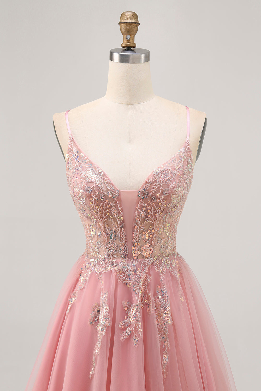 Blush Sequin A Line Tulle Homecoming Dress with Lace Up Back