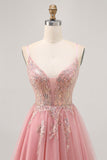 Blush Sequin A Line Tulle Homecoming Dress with Lace Up Back