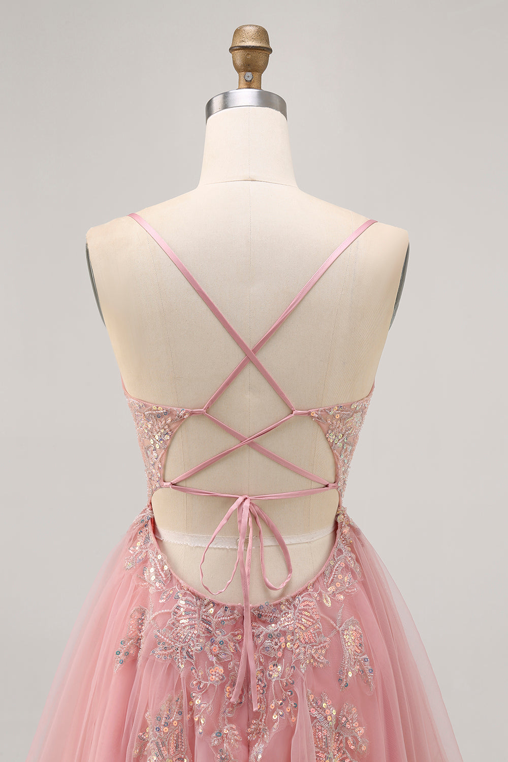 Blush Sequin A Line Tulle Homecoming Dress with Lace Up Back