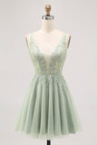 Backless A Line Green Homecoming Dress with Appliques