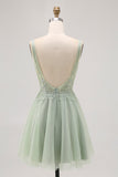 Backless A Line Green Homecoming Dress with Appliques