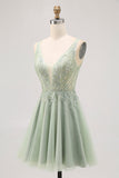 Backless A Line Green Homecoming Dress with Appliques
