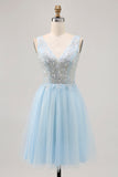Glitter A Line V Neck Blue Homecoming Dress with Beading