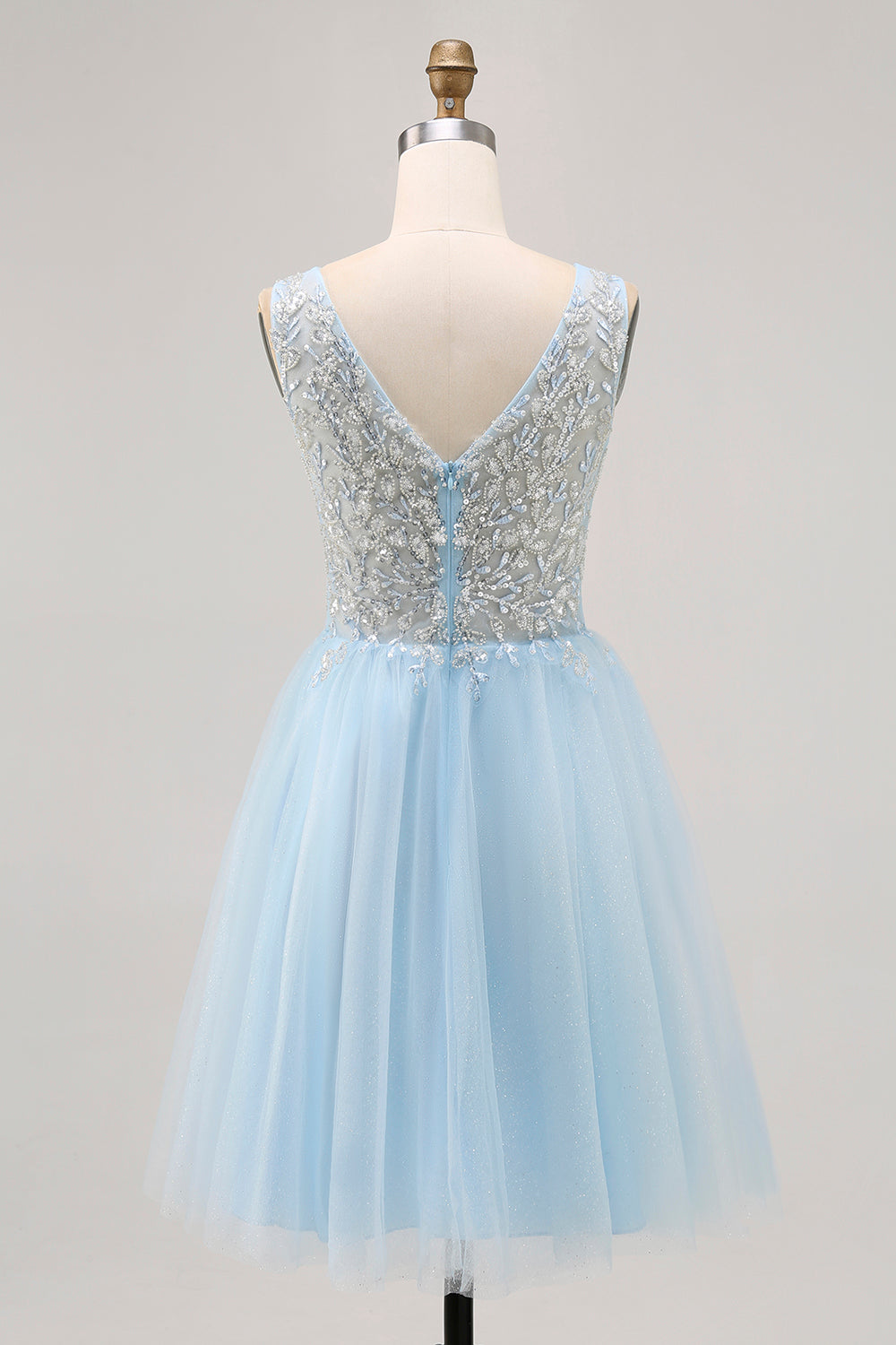 Glitter A Line V Neck Blue Homecoming Dress with Beading