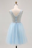 Glitter A Line V Neck Blue Homecoming Dress with Beading