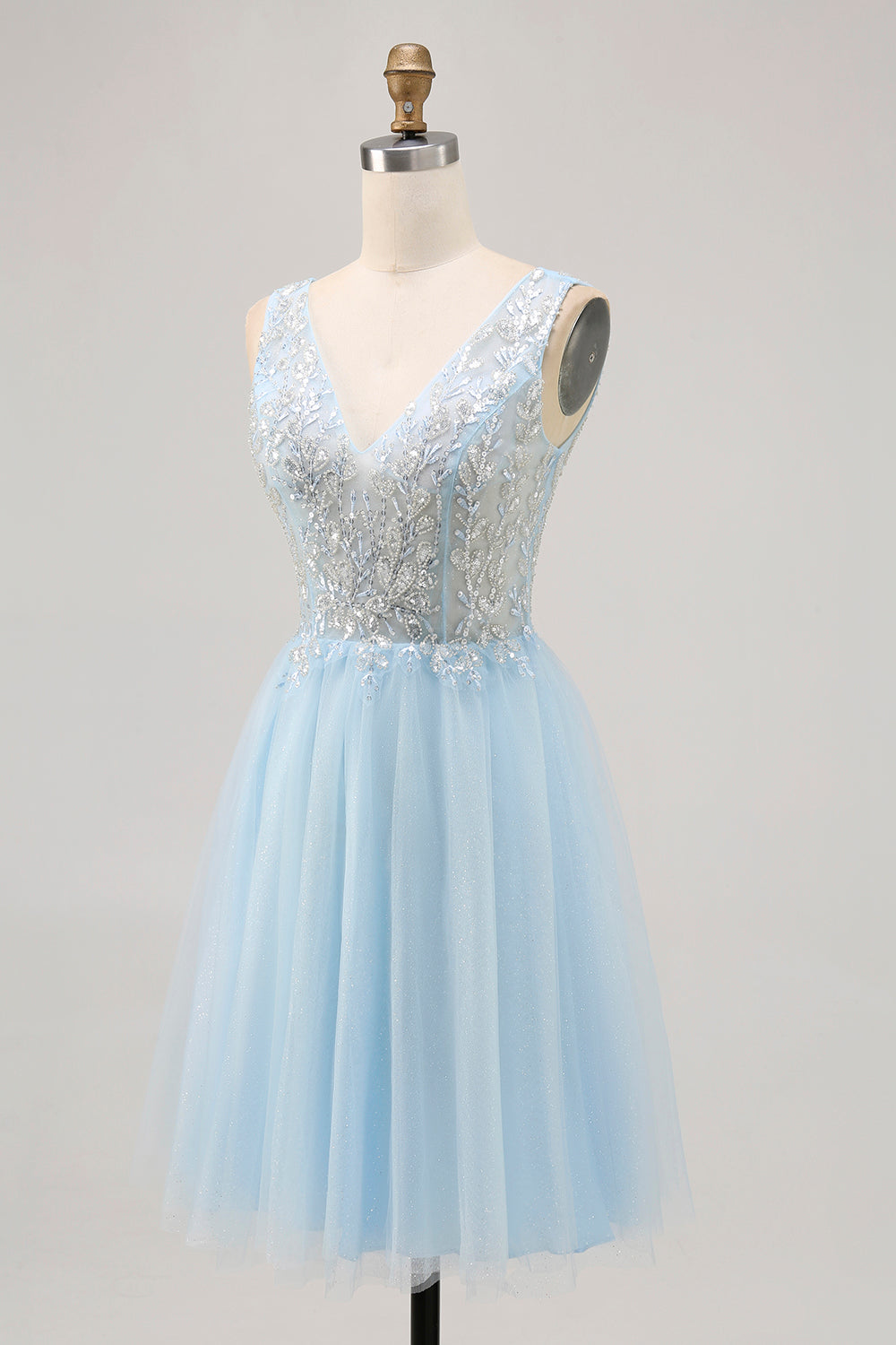 Glitter A Line V Neck Blue Homecoming Dress with Beading