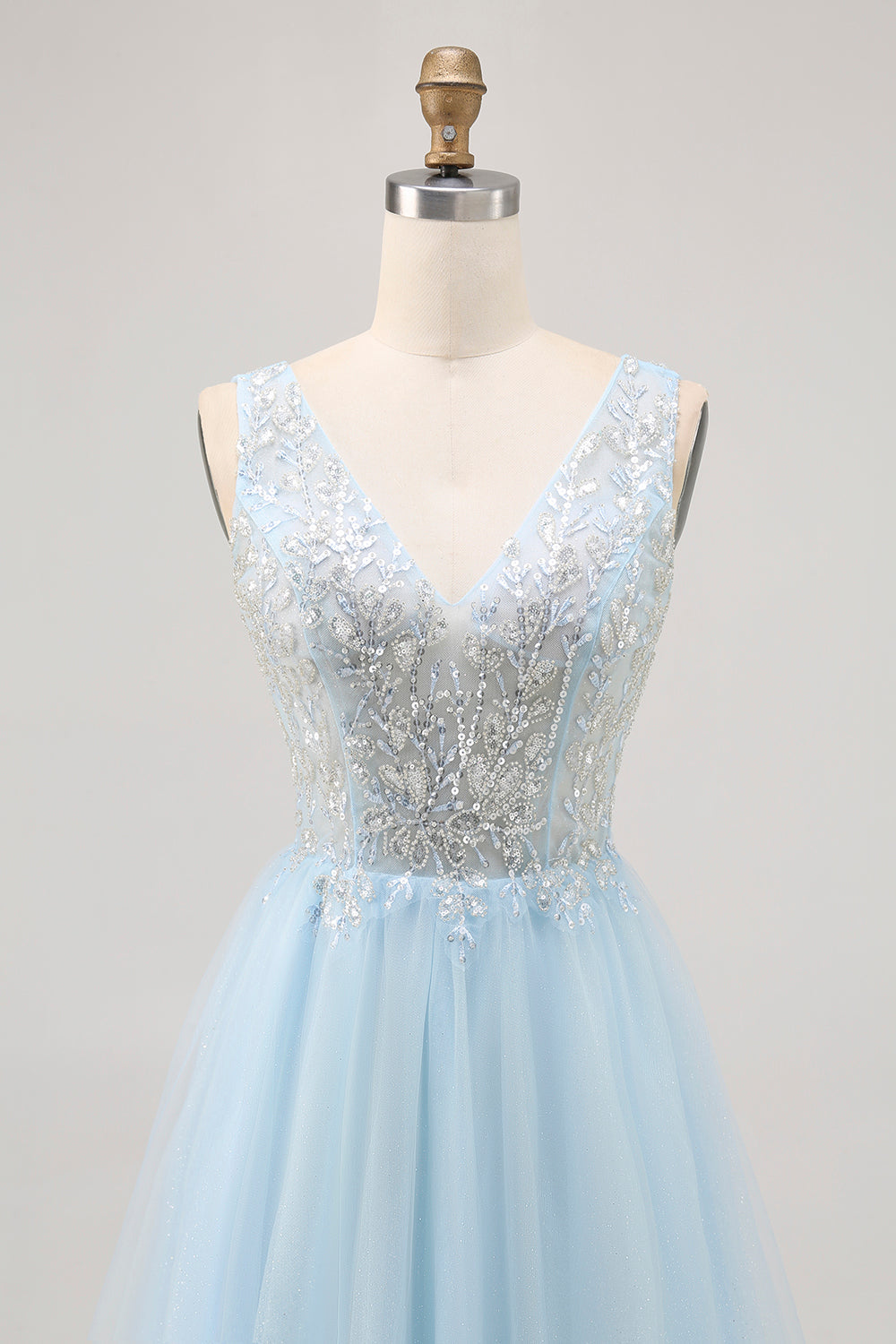 Glitter A Line V Neck Blue Homecoming Dress with Beading