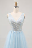 Glitter A Line V Neck Blue Homecoming Dress with Beading