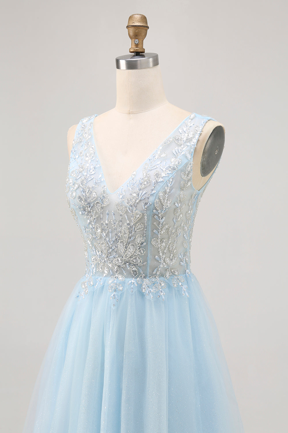 Glitter A Line V Neck Blue Homecoming Dress with Beading