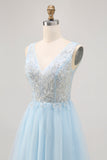 Glitter A Line V Neck Blue Homecoming Dress with Beading