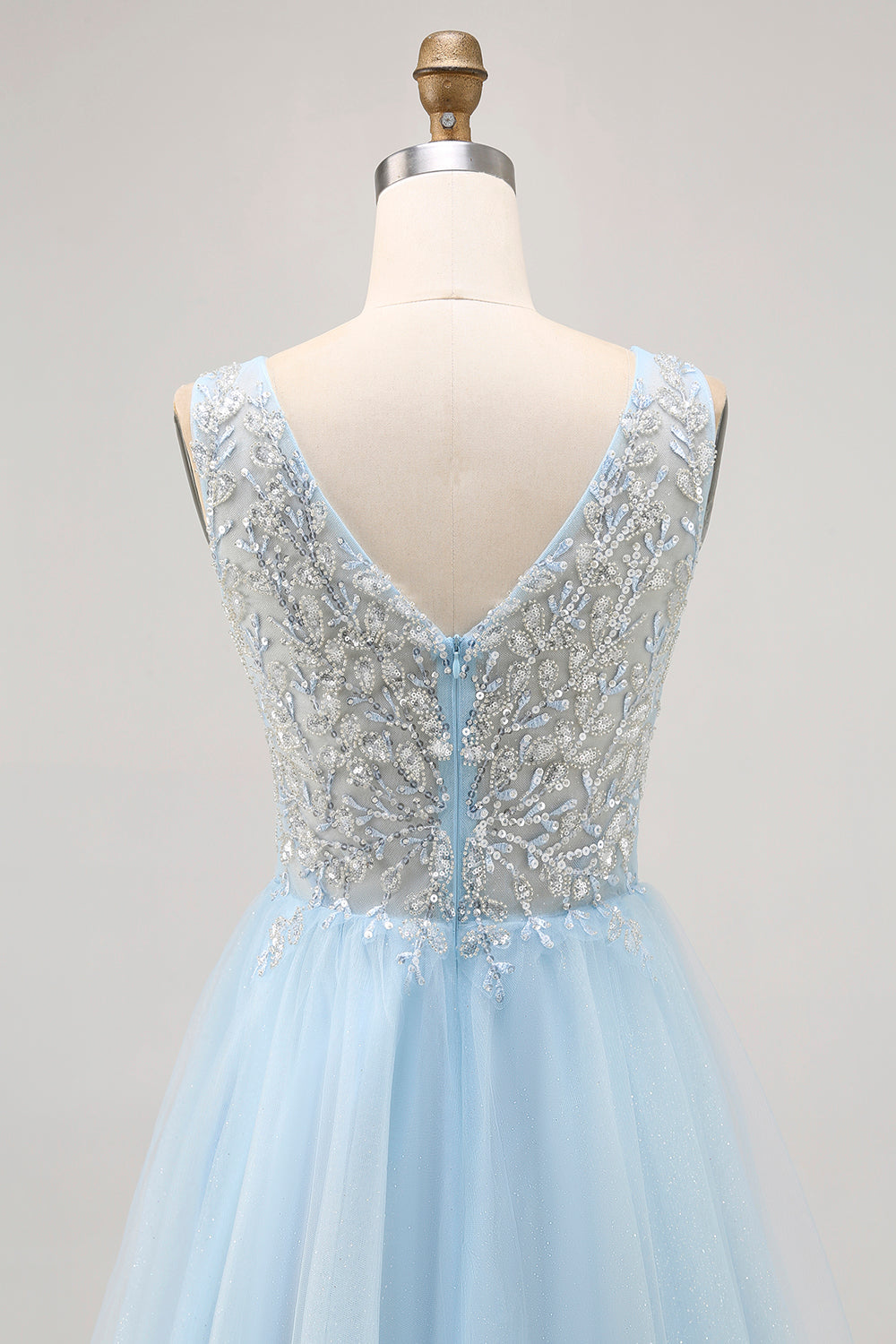 Glitter A Line V Neck Blue Homecoming Dress with Beading