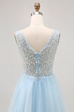 Glitter A Line V Neck Blue Homecoming Dress with Beading
