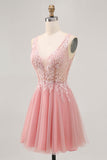 A Line Backless Blush Homecoming Dress with Appliques