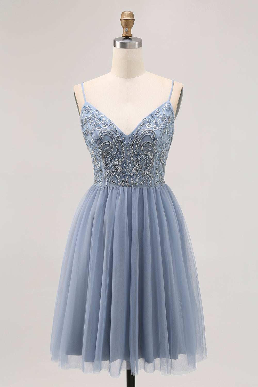 Grey Blue A Line Tulle Homecoming Dress with Beading