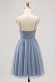 Grey Blue A Line Tulle Homecoming Dress with Beading